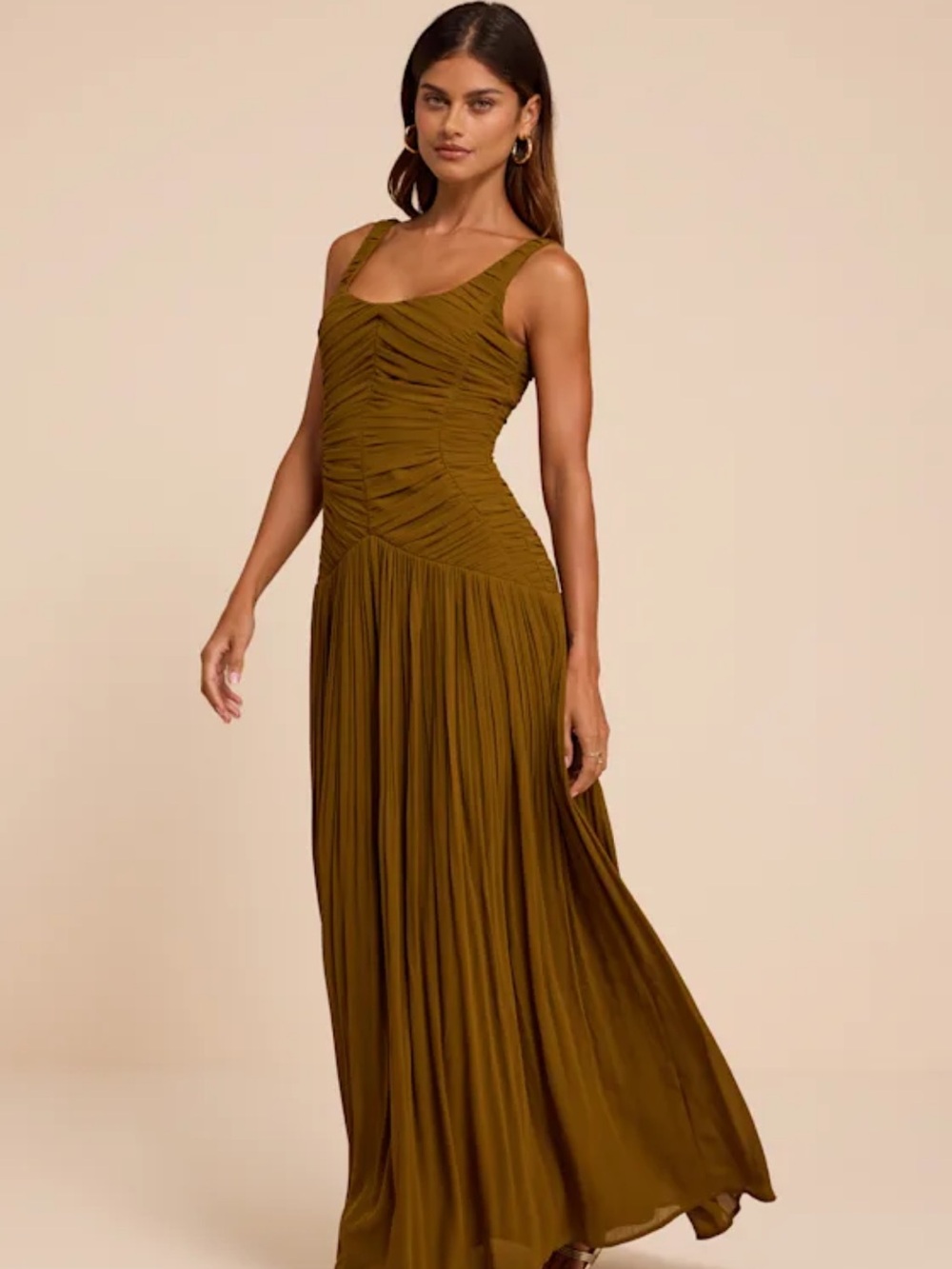 Olive Green Ruched Maxi Dress - Women
